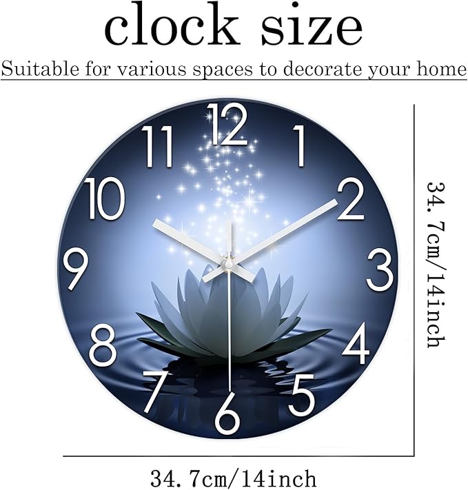 XFM White Lotus Wall Clock 14 Inch Blue Silent Non Ticking Battery Operated Clock Zen Flowers Decorative Round Clock for Living Room Bedroom Bathroom Office Decor