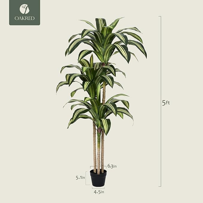 OAKRED Artificial Dracaena Tree 5FT Tall Fake Tree - Faux Indoor Plant with UV Resistant Potted Design - Realistic Large Artificial Plants for Home Living Room Office Decor Indoor