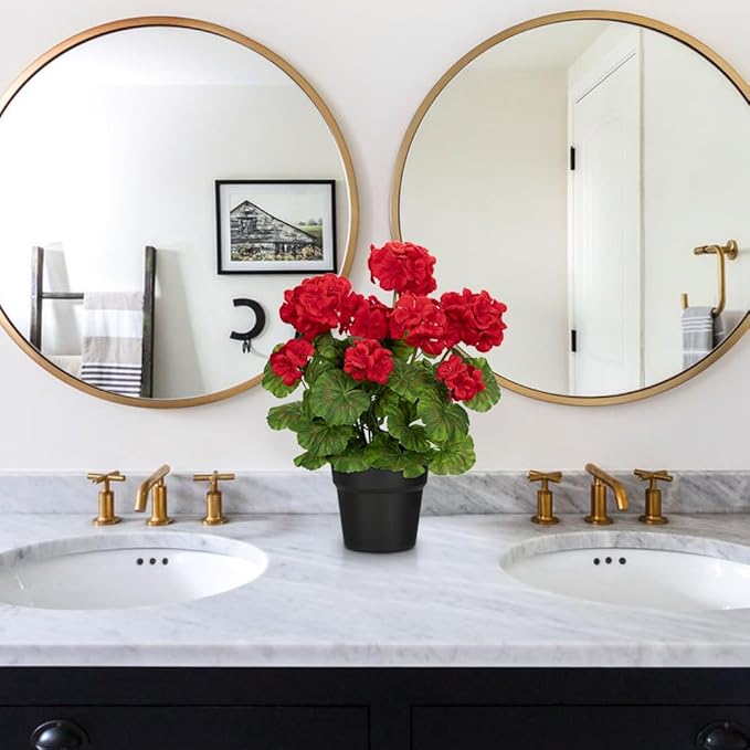 Briful Artificial Geranium Potted Plant – 16” Tall, Realistic Silk Flowers with Vibrant Green Leaves, Red Geraniums Fake Flowers for Outdoors Valentine's Day Home Décor, Farmhouse Office Tables Decor