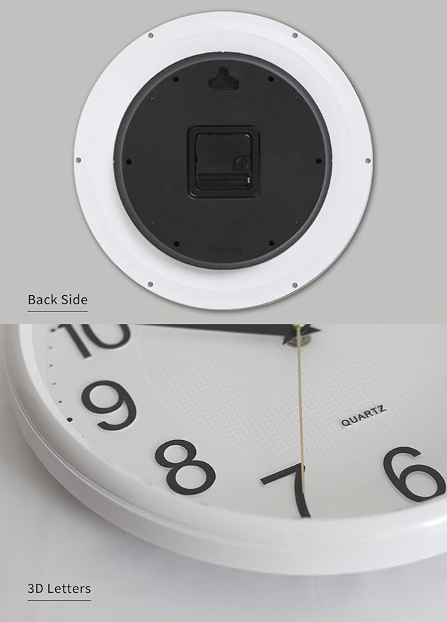 Wall Clock Silent Non-Ticking Battery Operated 12 Inch Wood Grain Large Easy to Read 3D Numbers for Office Living Room Bedroom Kitchen (White)