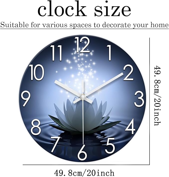 XFM White Lotus Wall Clock 20 Inch Blue Silent Non Ticking Battery Operated Clock Zen Flowers Decorative Round Clock for Living Room Bedroom Bathroom Office Decor