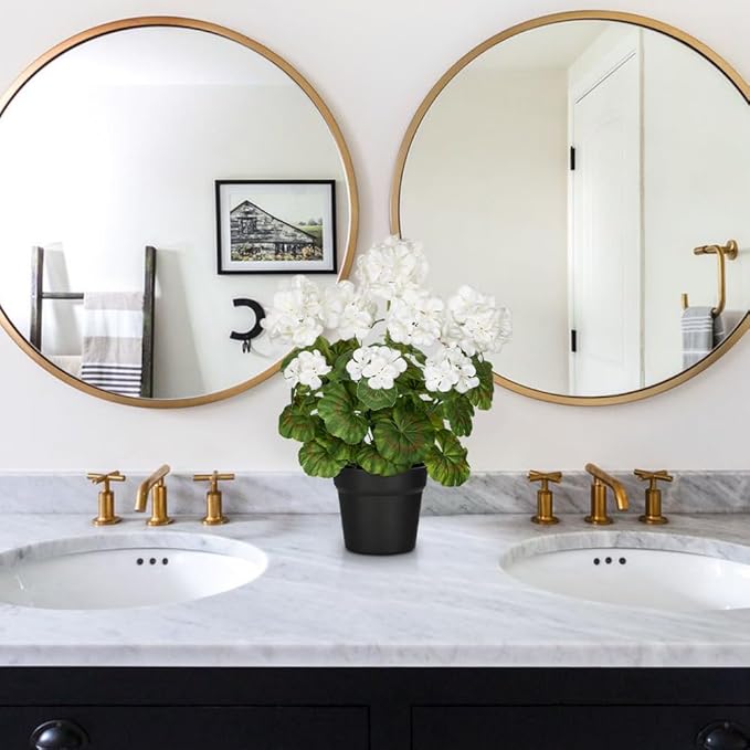 Briful Artificial Geranium Potted Plant – 16” Tall, Realistic Silk Flowers with Vibrant Green Leaves, White Geraniums Fake Flowers for Outdoors Home Décor, Wedding Farmhouse Office Tables Decor