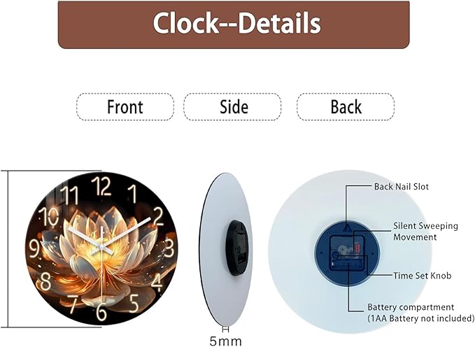XFM Lotus Flower Wall Clock 16 inch Round Silent Wall Clocks Battery Operated Modern Floral Decorative Wall Clock for Bedroom Kitchen Living Room Bathroom