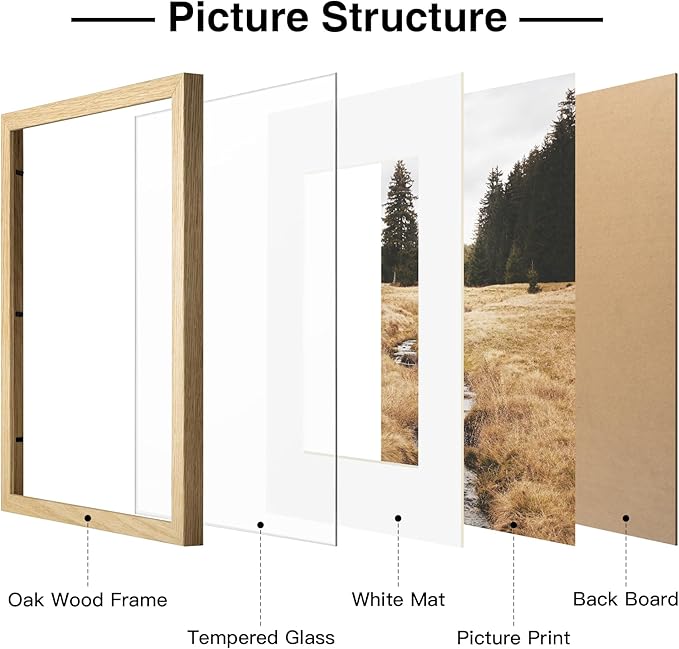 Yaetm Oak Wood 12x12 Picture Frame with Mat for 8x8, Natural Solid Wood 12x12 Square Frame with Tempered Glass for Wall mount (Single, Oak)