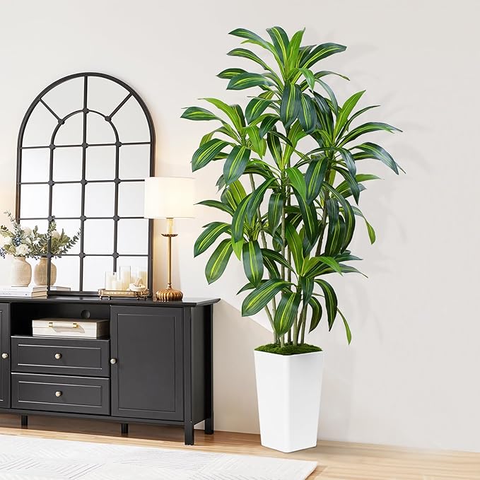 ZEEOZE Dracaena Plant Artificial Tree 6Ft Tall Fake Tropical Floor Plants Potted (Real Touch) Artificial Silk Tree Leaf Faux Trees White Tall Planter for Home Office Living Room Indoor Outdoor Decor