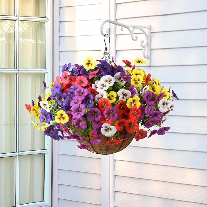Artificial Fake Pansy Flowers for Outdoor Spring Decor, 12 Bundles Realistic Silk Pansies with Eucalyptus Stem Faux Plants UV Resistant for Outside Planters Patio Garden Window Cemetery (6 Colors)