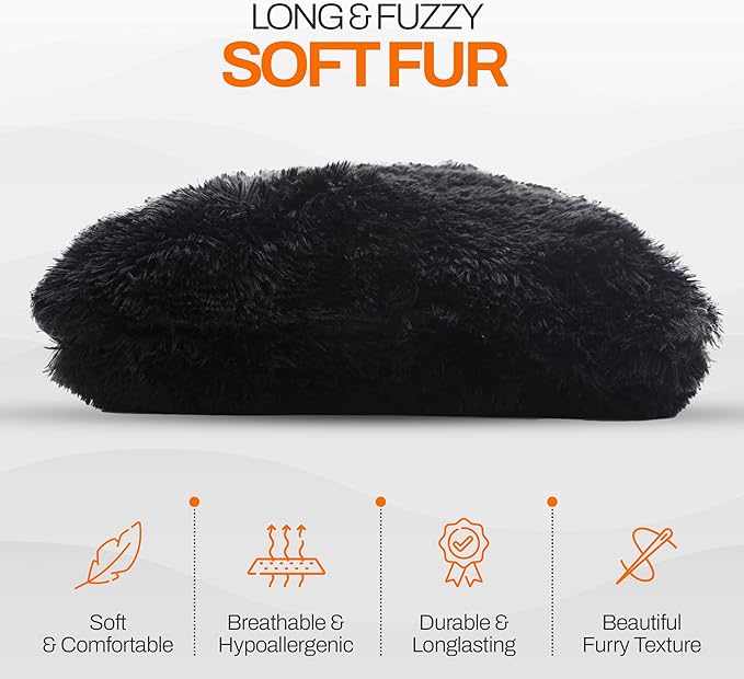 Cheer Collection Throw Pillows for Couch and Bed, Soft Shaggy Throw Pillows with Inserts Included, Cozy Long Hair Faux Fur Pillows - Set of 2-18" x 18" - Black