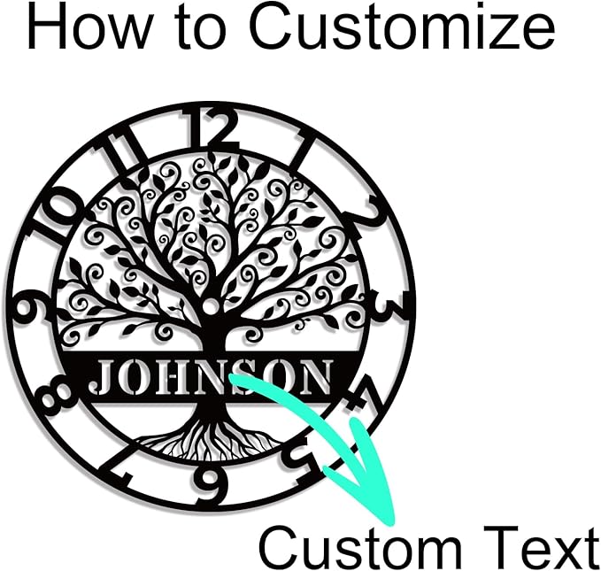 HZYCYYFC Personalized Metal Wall Clock with Tree of Life Design, Custom Family Name Clock, Decorative Steel Wall Art, Housewarming Gift, Living Room Bedroom Kitchen Home Decor
