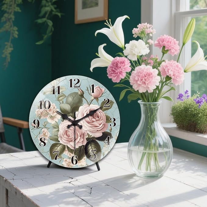 peacoblue Wall Clocks Battery Operated 12 Inch Roses Glass Round Wall Clock Non Ticking for Kitchen Living Room Dining Room Bedroom and Bathroom Decor Accessories (Battery not Included)
