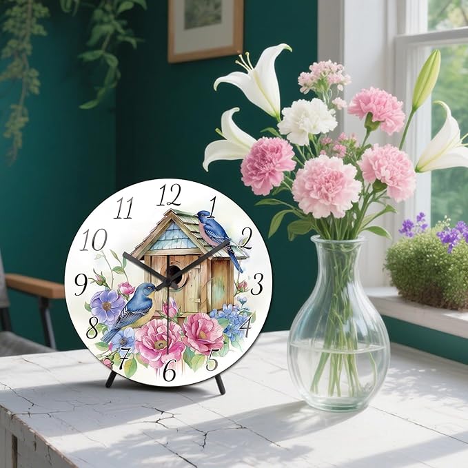 peacoblue Wall Clocks Battery Operated 12 Inch Flowers and Birds Glass Round Wall Clock Non Ticking for Kitchen Living Room Dining Room Bedroom and Bathroom Decor Accessories (Battery not Included)