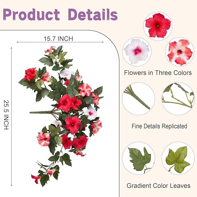 VGNQA 2PCS Artificial Petunia Flowers for Outdoors, Fake Flowers for Outdoor Planters UV Resistant Faux Silk Petunias for Garden Porch Yard Balcony Patio Realistic Home Kitchen Decor(Red Pink White)