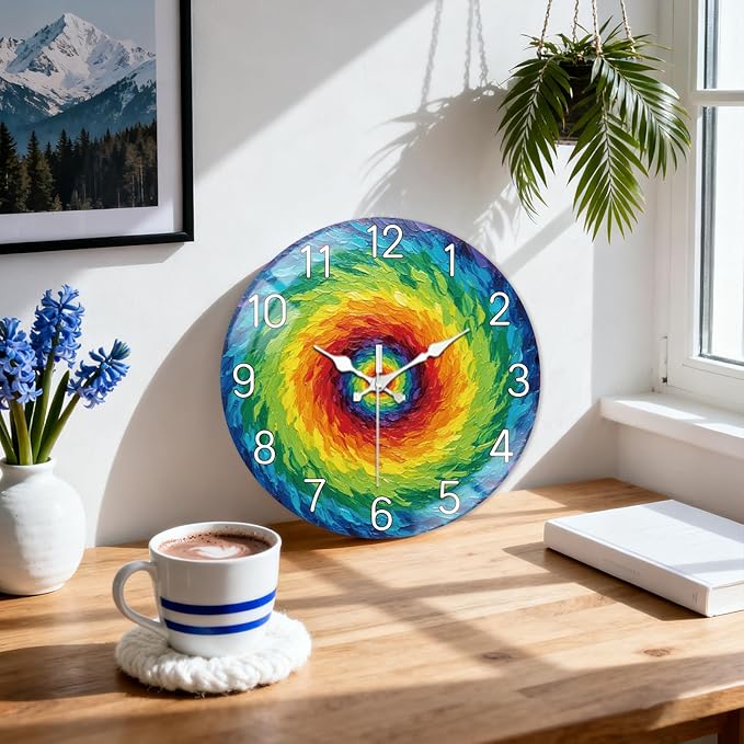 peacoblue Wall Clocks Battery Operated 12 Inch Colorful Palette Glass Round Wall Clock Non Ticking for Kitchen Living Room Dining Room Bedroom and Bathroom Decor Accessories (Battery not Included)