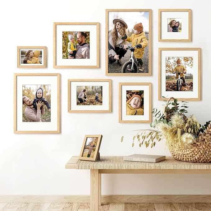 Yaetm 8x10 Oak Wood Picture Frame with Mat for 5x7 Set of 3, Natural Solid Wood 8x10 Frame with Tempered Glass for Tabletop & Wall mount (3 Pack, Oak)