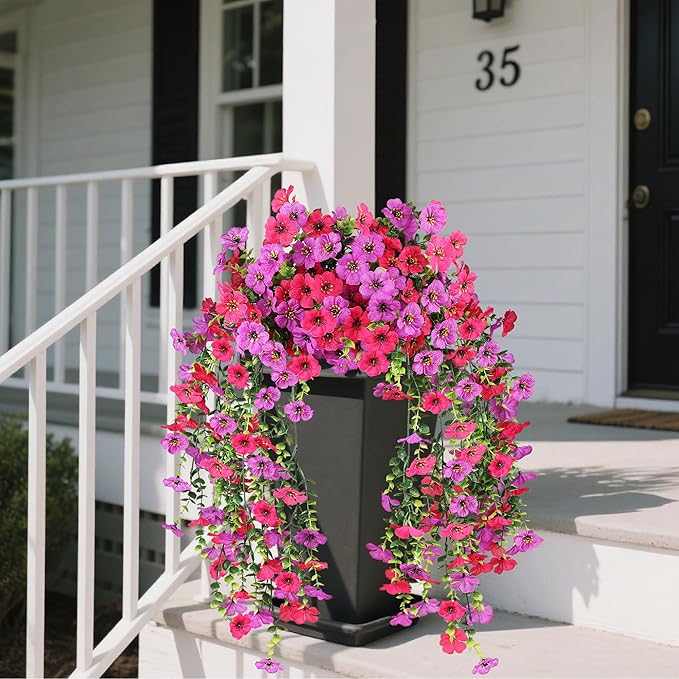 AmberFun Artificial Hanging Flowers for Outdoors,No Fade 2 Bundles Fake Silk Flowers for Outside, Realistic Faux Plants Decorations for Hanging Baskets, Planters-Porch, Patio, Yard Decor