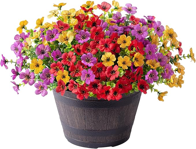 Artificial Flowers for Outdoors Potted Spring Decor, 12 Bundles Fake Summer Daisy with Realistic Eucalyptus Leaves, Faux Plants for Greenery Boxwood Porch Patio Garden Pot Lawn(Red Purple Yellow)