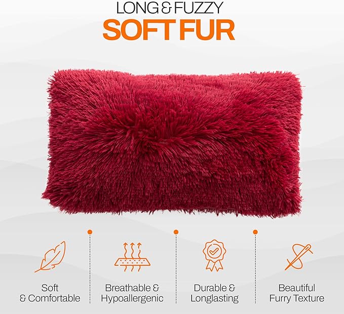 Cheer Collection Throw Pillows for Couch and Bed, Soft Shaggy Throw Pillows with Inserts Included, Cozy Long Hair Faux Fur Pillows - Set of 2-12" x 20" - Maroon