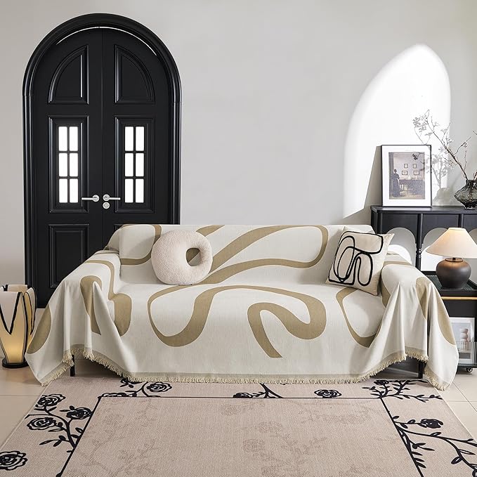 MYSKY HOME Couch Cover for 3 Cushion Couch Sofa Cover, Super Soft Boho Couch Covers for Dogs Washable, Jacquard Sofa Slipcover Furniture Protector for Living Room, 91" x 150", Khaki Curve