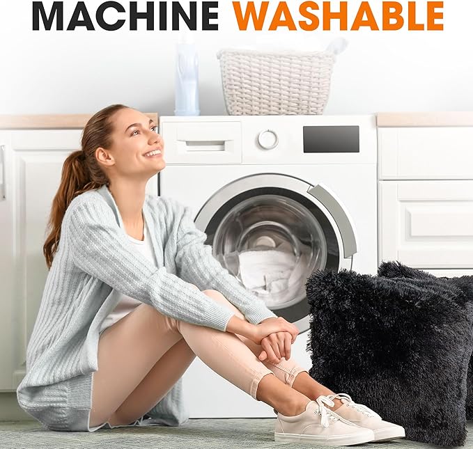 Cheer Collection Throw Pillows for Couch and Bed, Soft Shaggy Throw Pillows with Inserts Included, Cozy Long Hair Faux Fur Pillows - Set of 2-24" x 24" Black