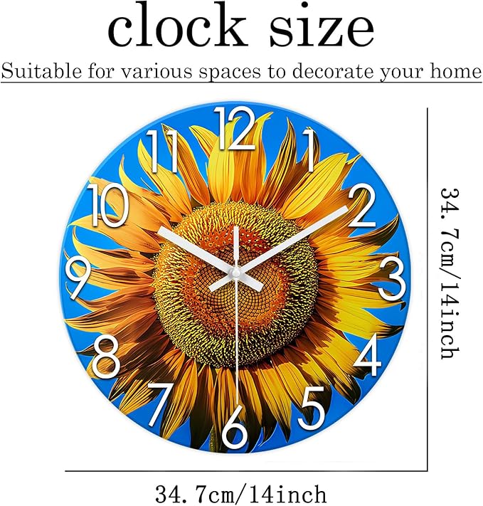 XFM Sunflower Kitchen Decor 14 Inch Silent Wall Clocks Battery Operated Yellow Floral Round Clock Decorative for Living Room Bedroom Decor