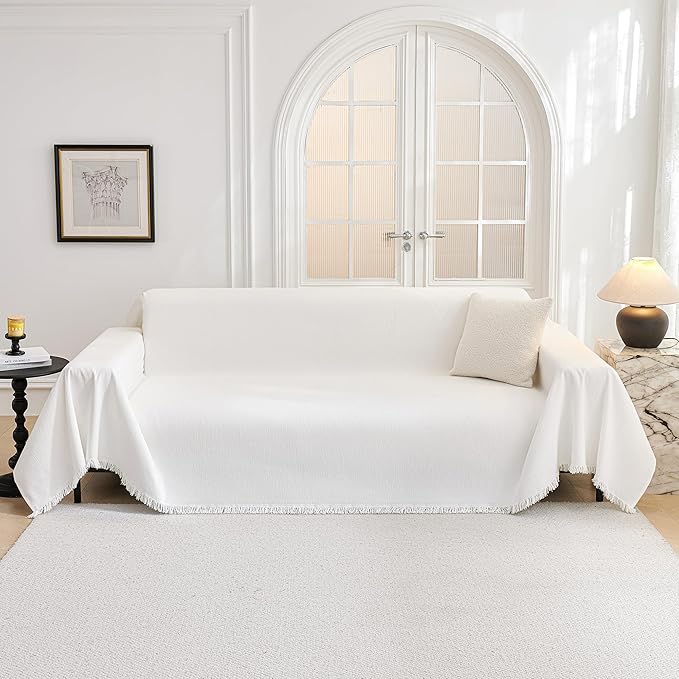 MYSKY HOME Couch Cover for Dogs Washable Couch Covers Couch Covers for Dogs Couch Cover 2 Cushion Sofa Non Slip Dogs Furniture Protector with Tassels Chenille Sofa Covers for Pets, 71"x102", White