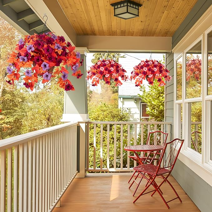 VGNQA Fake Fall Flowers for Outdoor Decor 2 Pcs Artificial Flowers Fake Faux Silk Petunias Fall Plants, UV Resistant Flower for Garden Porch Patio Balcony Thankgiving Decoration (Burgundy Purple)