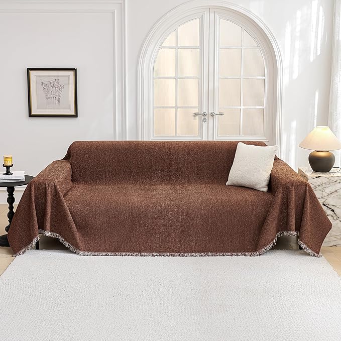 MYSKY HOME Couch Cover for Dogs Washable Couch Covers Couch Covers for Dogs Couch Cover 2 Cushion Sofa Non Slip Dogs Furniture Protector with Tassels Chenille Sofa Covers for Pets, 71"x102", Chocolate