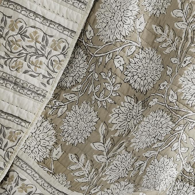 Levtex Home - Adare Taupe - Throw - Bordered Floral - Taupe, Grey and Cream -Quilted Throw (50x60in.) - Cotton