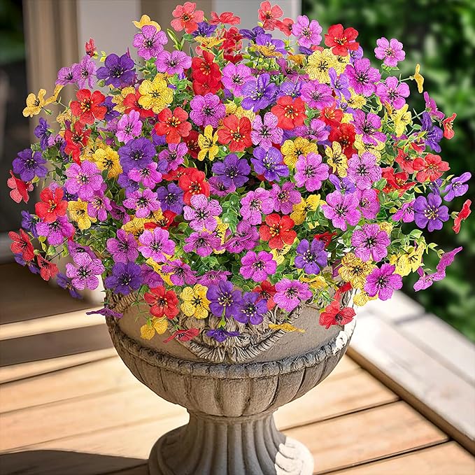 Ammyoo Artificial Flowers for Outdoors Potted Spring Decor, 12 Bundles Fake Summer Daisy with Realistic Eucalyptus Leaves, Faux Plants for Greenery Boxwood Porch Patio Garden Pot Lawn