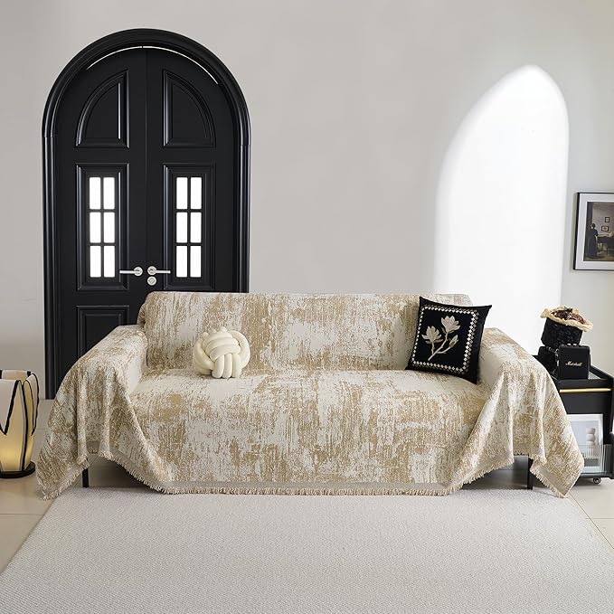 MYSKY HOME Couch Cover for Dogs Washable Couch Sofa Protector for Loveseat Sofa with Cats Pets Friendly Chenille Khaki Abstract Geometric Sofa Covers Soft Durable Farmhouse Sofa Slipcovers, 91" X118"