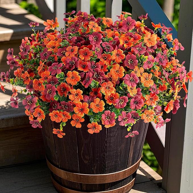 Fall Mums Artificial Flowers for Outdoors Potted, 12 Bundles Fake Fall Daisy Flower with Realistic Eucalyptus Leaves, Fake Plants for Greenery Boxwood Porch Patio Garden Pot Courtyard(Orange Brown)