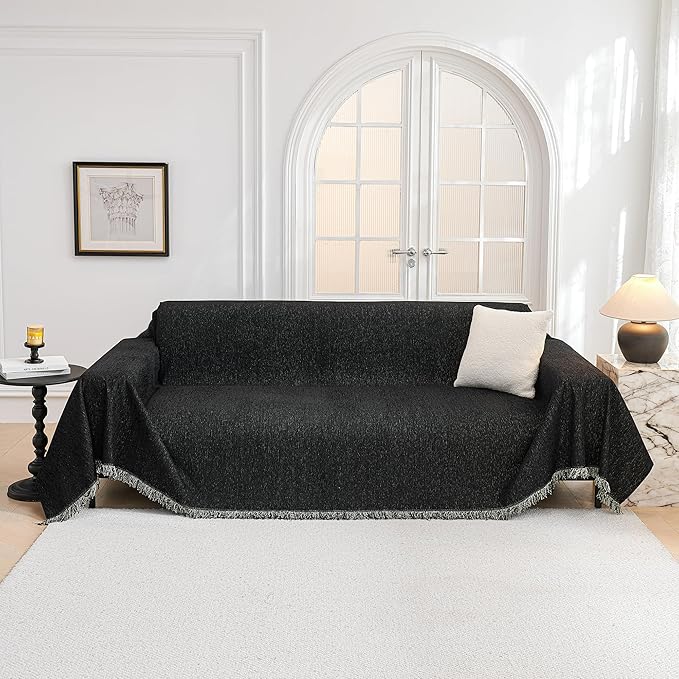 MYSKY HOME Couch Cover for Dogs Washable Couch Covers Couch Covers for Dogs Couch Cover 2 Cushion Sofa Non Slip Dogs Furniture Protector with Tassels Chenille Sofa Covers for Pets, 71"x102", Black