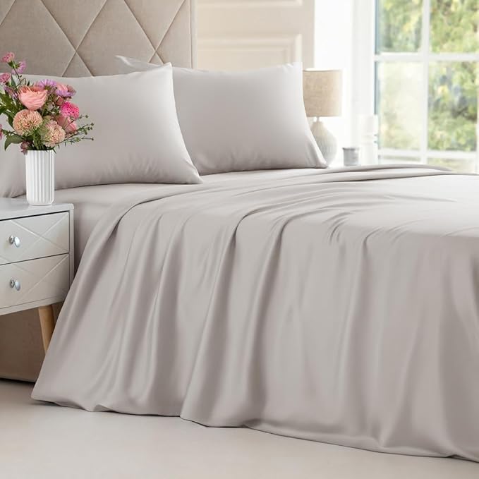 100% Rayon Derived From Bamboo - Bamboo Sheets King Size - Cooling Sheets for King - Soft, Breathable & Hotel Luxury Bedding - 1 Flat & 1 Fitted & 2 Pillowcases w/ 16 Inch Deep Pockets - Light Grey