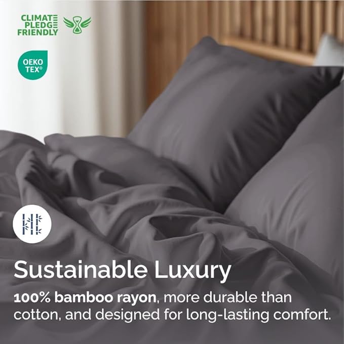 100% Rayon Derived From Bamboo - Bamboo Sheets Full Size - Cooling Sheets for Full - Soft, Breathable & Hotel Luxury Bedding - 1 Flat & 1 Fitted & 2 Pillowcases with 16 Inch Deep Pockets - Dark Grey