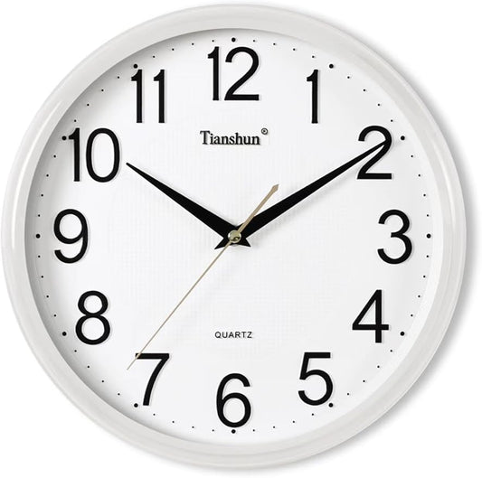 Wall Clock Silent Non-Ticking Battery Operated 12 Inch Wood Grain Large Easy to Read 3D Numbers for Office Living Room Bedroom Kitchen (White)