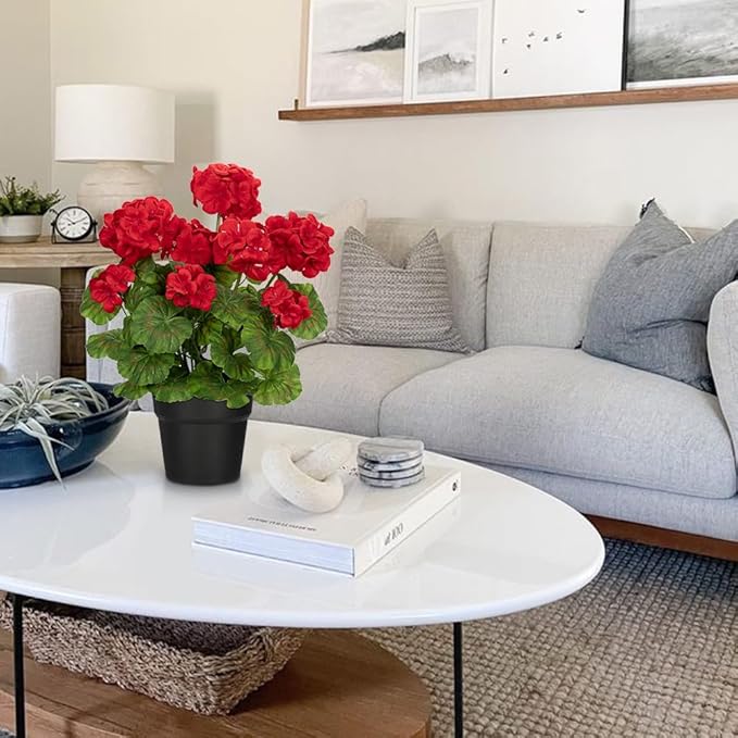 Briful Artificial Geranium Potted Plant – 16” Tall, Realistic Silk Flowers with Vibrant Green Leaves, Red Geraniums Fake Flowers for Outdoors Valentine's Day Home Décor, Farmhouse Office Tables Decor