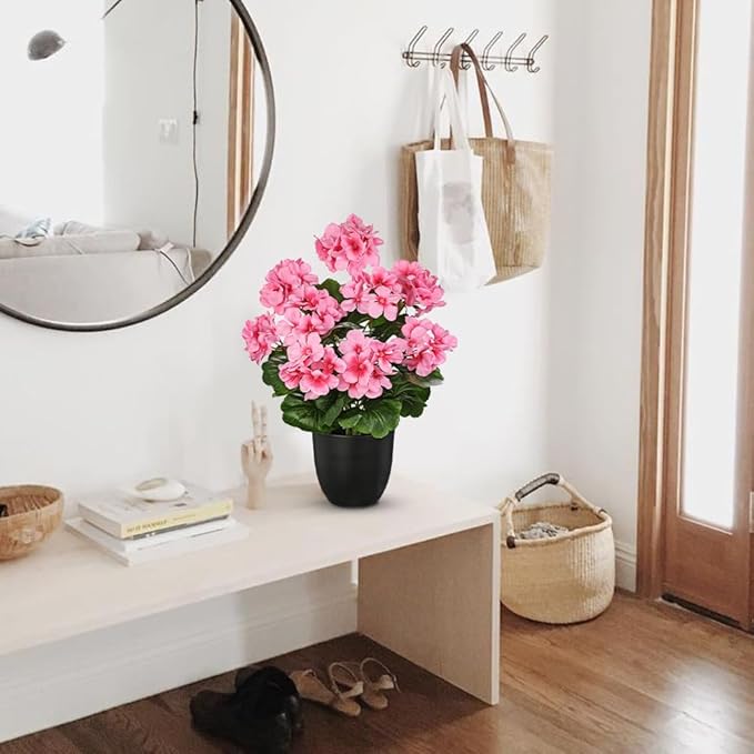 Briful 17” Geraniums Artificial Flowers Realistic Potted Plant – Pink Fake Geraniums for Outdoors, Silk Flowers Artificial Outdoor Plants for Indoor Home Decor, Farmhouse Table Centerpiece Decoration