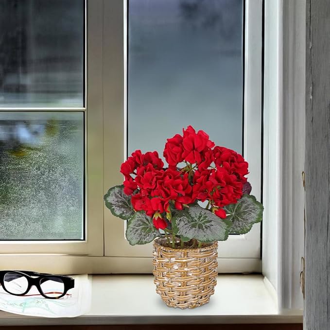 Briful Artificial Red Geranium Flowers in Woven Basket, 11’’ Tall Silk Flower Arrangement, Realistic Geraniums Artificial Outdoor Plants for Home Indoor Farmhouse Table Wedding Centerpiece Decor