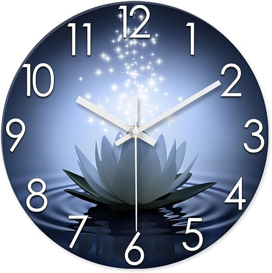 XFM White Lotus Wall Clock 20 Inch Blue Silent Non Ticking Battery Operated Clock Zen Flowers Decorative Round Clock for Living Room Bedroom Bathroom Office Decor