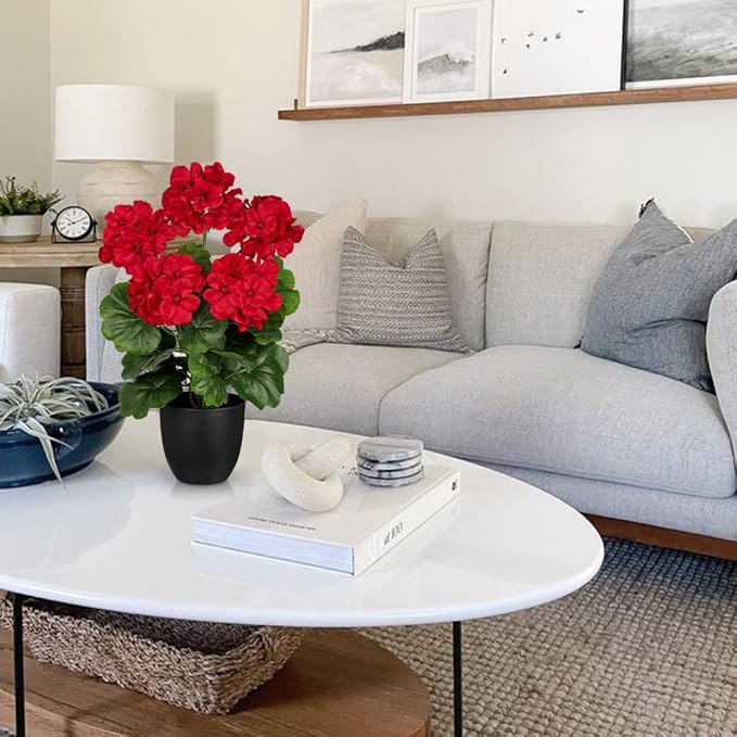 Briful 16” Geraniums Artificial Flowers Realistic Potted Plant – Red Fake Geraniums for Outdoors, Artificial Outdoor Plants for Indoor Home Decor, Farmhouse Table Centerpiece Decoration