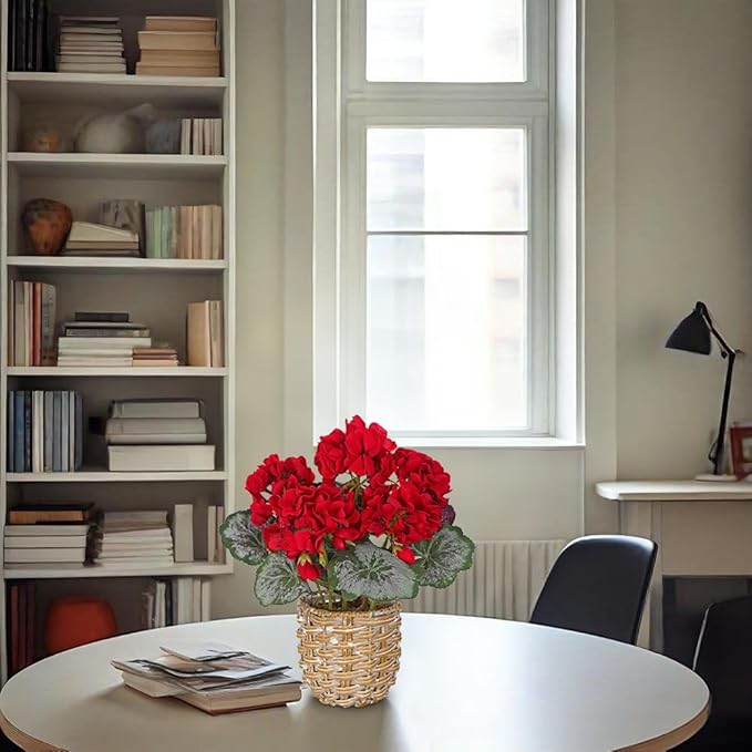 Briful Artificial Red Geranium Flowers in Woven Basket, 11’’ Tall Silk Flower Arrangement, Realistic Geraniums Artificial Outdoor Plants for Home Indoor Farmhouse Table Wedding Centerpiece Decor