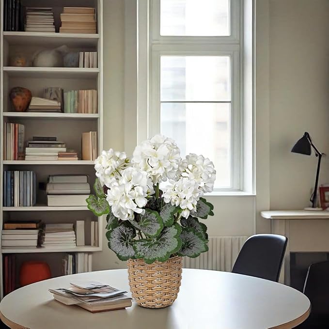 Briful Artificial White Geranium Flowers in Woven Basket, 14.5’’ Tall Silk Flower Arrangement, Realistic Geraniums Artificial Outdoor Plants for Home Indoor Farmhouse Table Wedding Centerpiece Decor