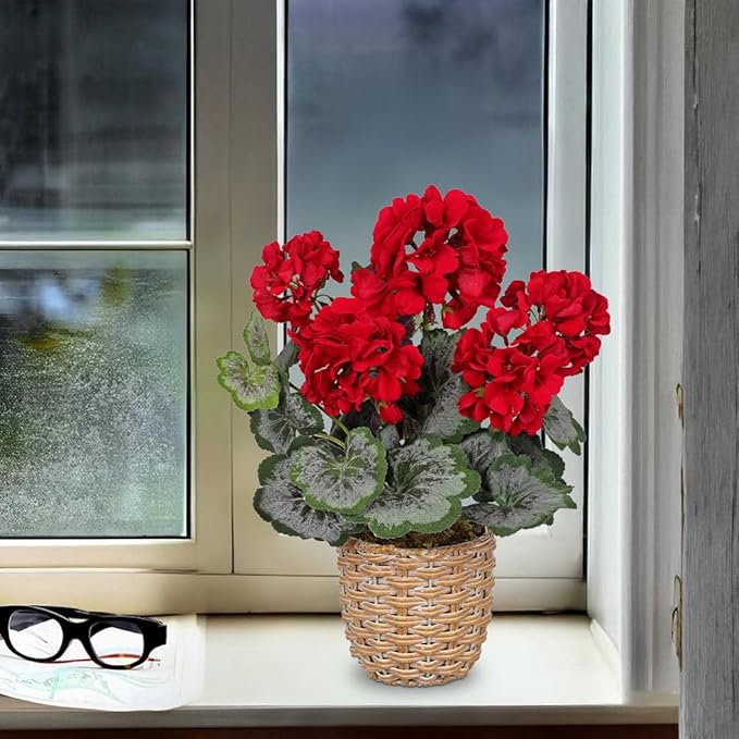 Briful Artificial Red Geranium Flowers in Woven Basket, 14.5’’ Tall Silk Flower Arrangement, Realistic Geraniums Artificial Outdoor Plants for Home Indoor Farmhouse Table Wedding Centerpiece Decor