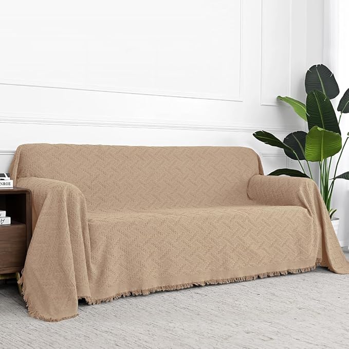 MYSKY HOME Couch Cover Sand Sofa Covers for 2 Cushion Couch Geometrical Sectional Couch Cover Protector Living Room Sofa Throws Sofa Slipcovers for Dogs, Kids (X-Large, 91" x 118", Khaki)