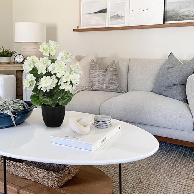 Briful 17” Geraniums Artificial Flowers Realistic Potted Plant – White Fake Geraniums for Outdoors, Silk Flowers Artificial Outdoor Plants for Indoor Home Decor, Farmhouse Table Centerpiece Decoration