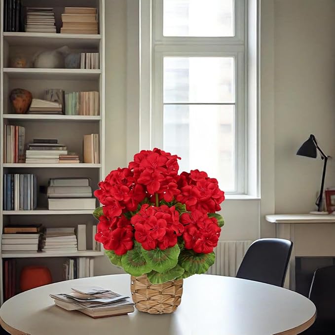 Briful Artificial Geraniums Flowers Potted Plant - 13.7'' Tall Faux Red Silk Realistic Lush Geraniums Flowers in Basket, Indoor&Outdoor Decorative Plant, Farmhouse Home Porch Office Patio Table