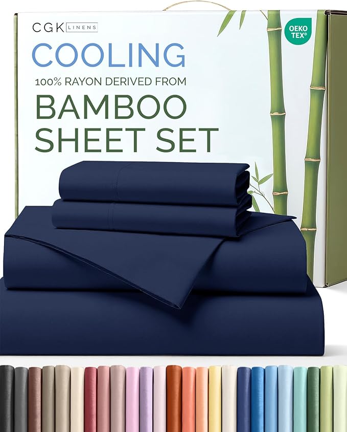 100% Rayon Derived From Bamboo - Bamboo Sheets Full Size - Cooling Sheets for Full - Soft, Breathable & Hotel Luxury Bedding - 1 Flat & 1 Fitted & 2 Pillowcases with 16 Inch Deep Pockets - Navy Blue