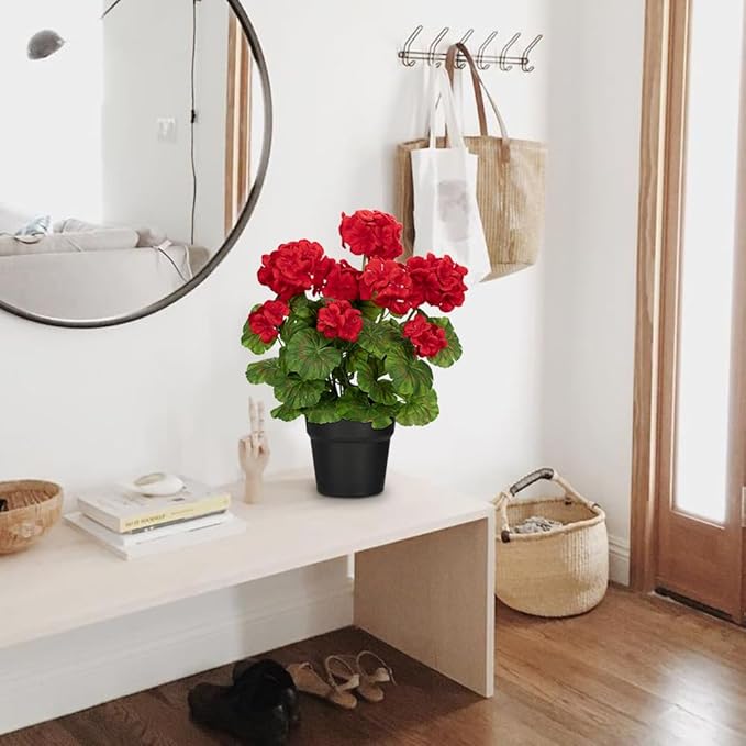 Briful Artificial Geranium Potted Plant – 16” Tall, Realistic Silk Flowers with Vibrant Green Leaves, Red Geraniums Fake Flowers for Outdoors Valentine's Day Home Décor, Farmhouse Office Tables Decor