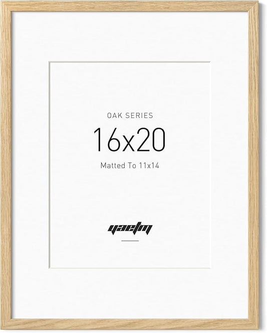 Yaetm Minimalist 16x20 Oak Picture Frame with Mat for 11x14, Natural Solid Oak Wood 16x20 Frame for Wall, Lightweight, Wall Mount, Single