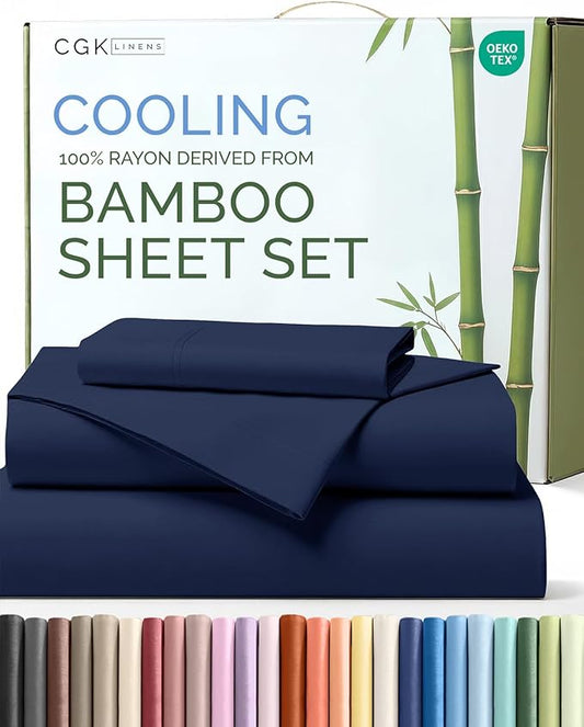 100% Rayon Derived From Bamboo - Bamboo Sheets Twin XL Size - Cooling Sheets for Twin XL - Soft, Breathable Hotel Luxury Bedding - 1 Flat & 1 Fitted & 1 Pillowcase w/ 16 Inch Deep Pockets - Navy Blue