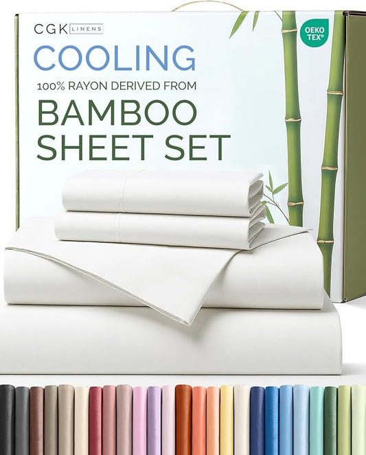 100% Rayon Derived From Bamboo - Bamboo Sheets Cal King Size - Cooling Sheets for Cal King - Soft, Breathable & Hotel Luxury Bedding - 1 Flat & 1 Fitted & 2 Pillowcases w/ 16 Inch Deep Pockets - White